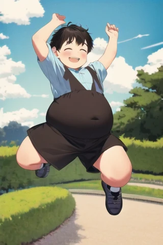 jump, very short hair, short hair, laugh, sky, Masterpiece